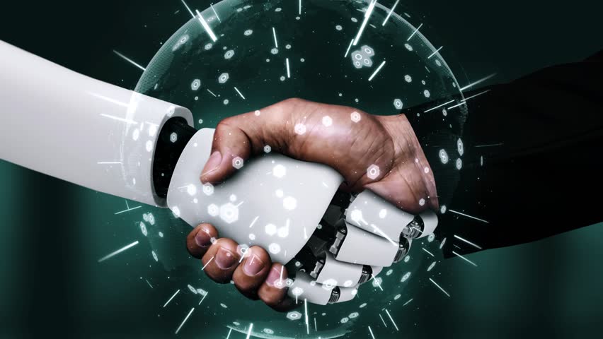 3D rendering hominoid robot handshake to collaborate future technology development by AI thinking brain, artificial intelligence and machine learning process for 4th industrial revolution.