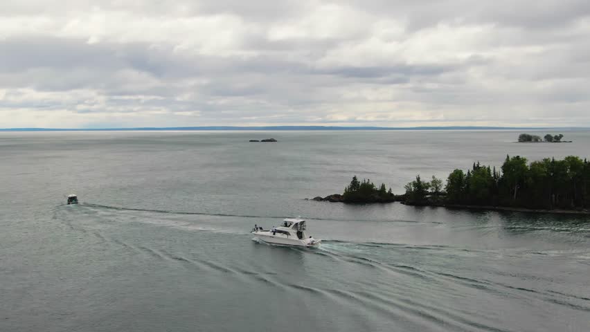 Fishing boat heading out into Lake Superior Canada Silver Islet Sleeping Giant Ontario