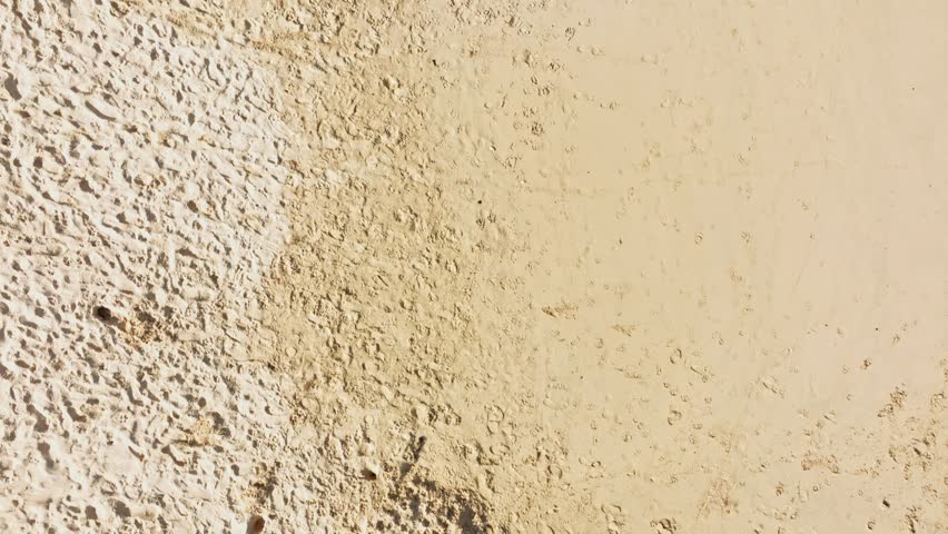 Aerial top view Colorful canoes are lined up in front of the beach.
The clear green sea water can be seen through the sea.
green sea white sand beach 4K video for creative nature and travel concept. 
