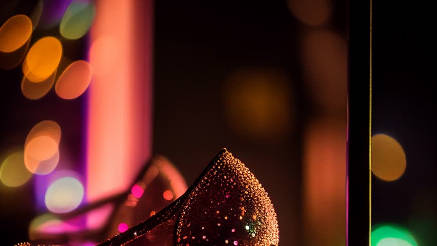 Pair high heel shoes for pole dance on colorfully bokeh background. Night club, patty