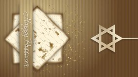 Vertical video. Matza traditional Jewish Passover holiday bread on brown background with star of david. Animated looped video with inscription Happy Passover.