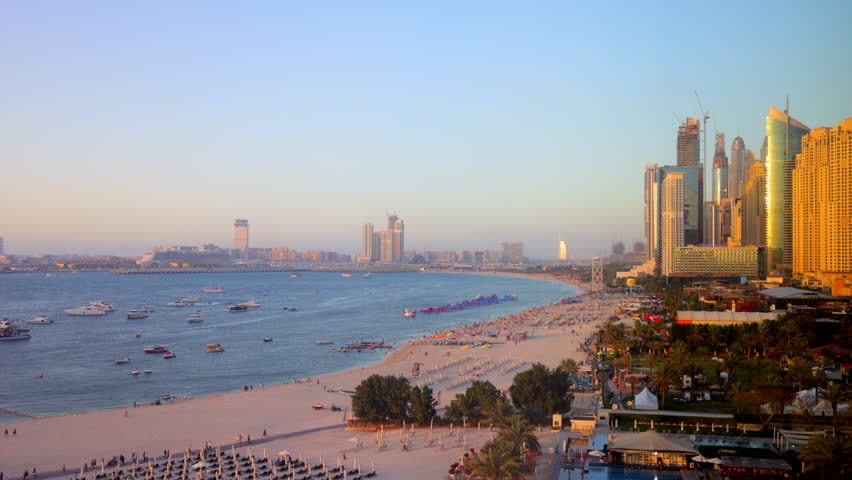 Sunset over Bluewaters island, Dubai Marina and Palm Jumeirah
