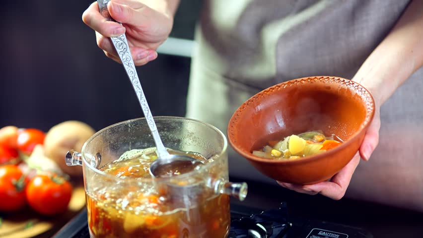 Healthy Meal Soup. European Dinner Meal. Hot Boiling Vegetarian Soup. Homemade Cook Dinner. Tasty Recipe Boiled On Pan. Vegan Soup Lunch. Proper Food Hot Dish. Dieting Vegan Restaurant Dish Stewpan