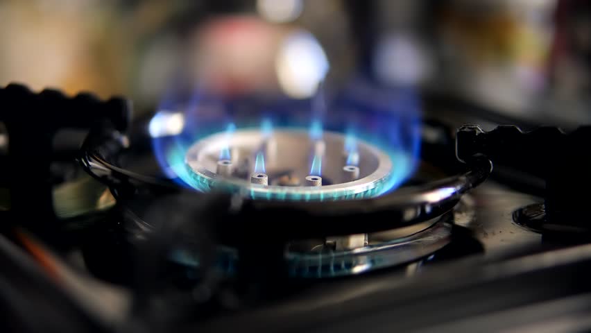 Kitchen Burner Blue Gas Fire Of Stove. Light Gas Cooker. Chef Cooking Food. Appearing Blue Flame On Gas Stove. Roasted Cooking On Kitchen Stove. Blaze Lit Burner Glowing Flammable Methane Or Propane Royalty-Free Stock Footage #1101528859