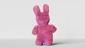 Cute dancing pink Easter bunny white background 3d animation loop. Funny animals Purple plush furry rabbit. Birthday party. Social media content music video template 4K Kids gymnastics exercises sport