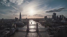Establishing Aerial View Shot of London UK, United Kingdom, Tower Bridge, push in across