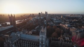 Establishing Aerial View Shot of London UK, United Kingdom, Westminster and Battersea