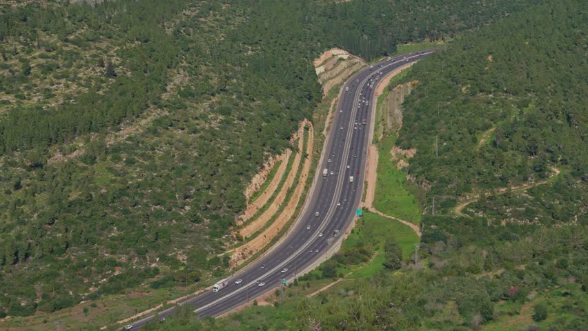Highway 1 Tel Aviv to Jerusalem the main road on the way to Jerusalem Passes between the Judean mountains in a Mediterranean grove