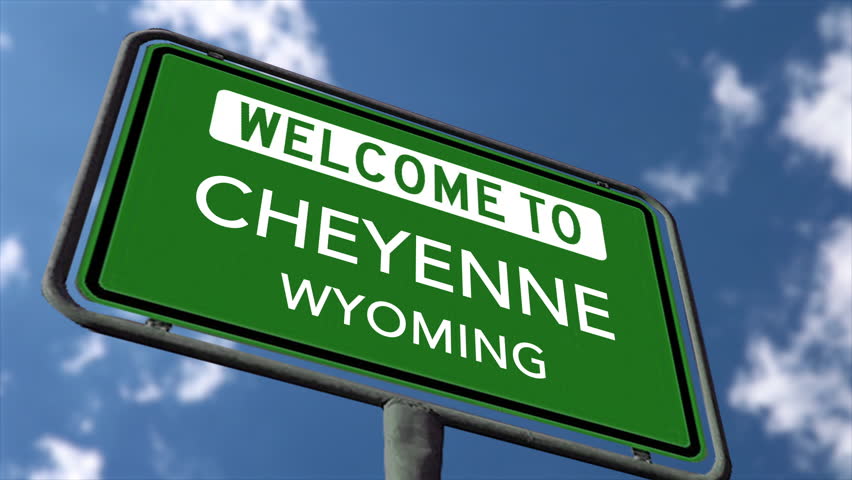 Welcome to Cheyenne Wyoming USA City Road Sign, Close Up Realistic 3d Animation