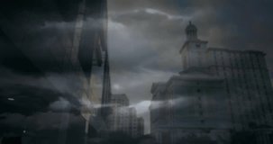 Animation of data processing and cityscape over broken pound symbols and dark clouds. Global business and digital interface concept digitally generated video.