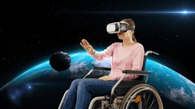 Woman with disability watching asteroid flying toward planet in vr headset - Powered by Shutterstock - Get 15% off with code: PIKWIZARD15