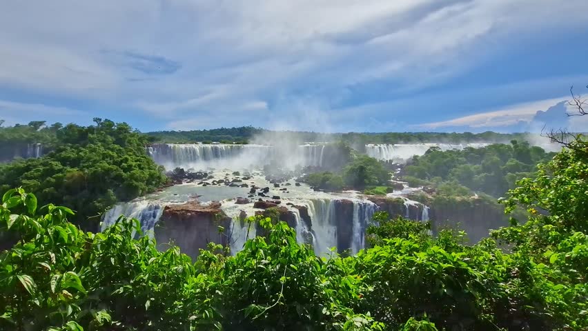 Iguazu Falls, the largest series of waterfalls of the world, located at the Brazilian and Argentinian border, View from Brazilian side, one of the Seven Natural Wonders of the World