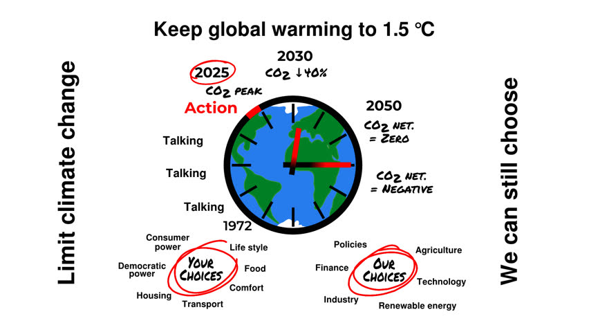 Animation with a watch clock showing to limit global climate warming to 1.5 Celcius we must stop our increase in CO2 by 2025, decrease it by 40% in 2030 and reach zero netto before 2050 tick tock time | Shutterstock HD Video #1101547285