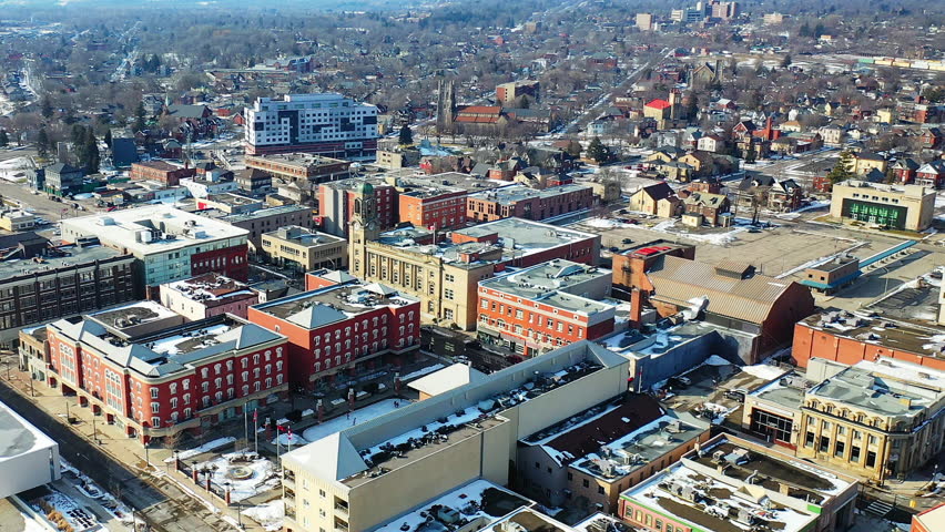 Aerial of Brantford, Ontario, Canada in winter 4K