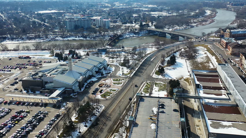 Aerial scene of Brantford, Ontario, Canada in winter 4K