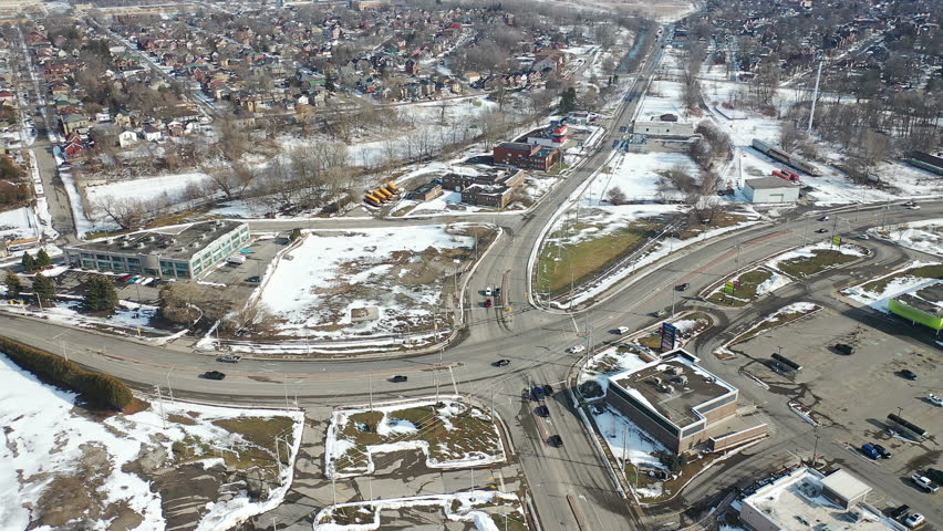 Aerial scene of Brantford, Ontario, Canada on winter day 4K