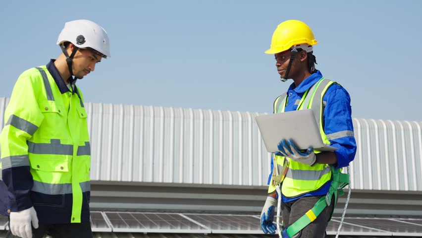 Young engineer making handshake, work with photovoltaic panel system. Attractive technician worker working on roof inspect and check solar cell panels equipment box at solar cell field during sunset. | Shutterstock HD Video #1101549965