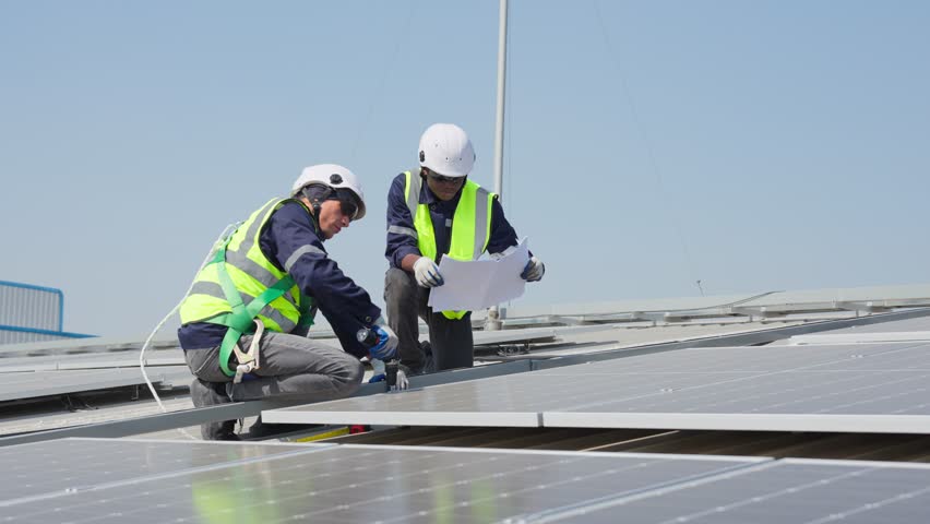 Professional engineer work to maintenance of photovoltaic panel system. Attractive technician worker working on roof inspect and check solar cell panels equipment box at solar cell field during sunset | Shutterstock HD Video #1101549995