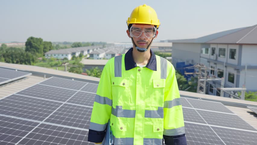 Portrait of engineer work to maintenance of photovoltaic panel system. Attractive technician worker look at camera after working on roof inspect and check solar cell panels equipment box during sunset | Shutterstock HD Video #1101550005