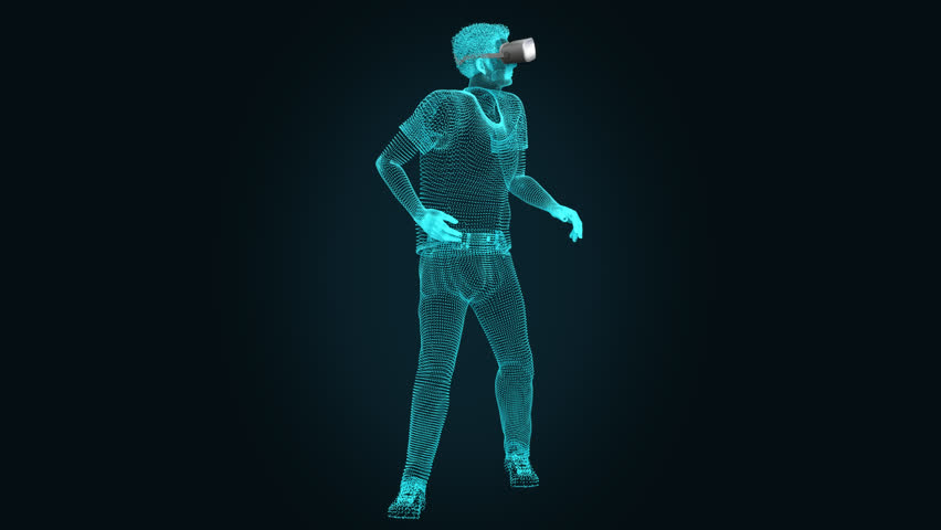 3D rendered holographic human with Virtual reality headset looking around - wire frame human 3d model | Shutterstock HD Video #1101550655