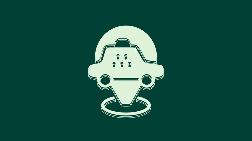 White Map pointer with taxi car icon isolated on green background. Location symbol. 4K Video motion graphic animation.