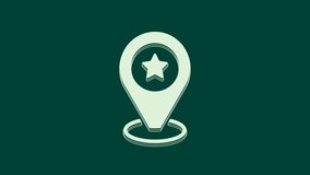 White Map pointer with star icon isolated on green background. Star favorite pin map icon. Map markers. 4K Video motion graphic animation.