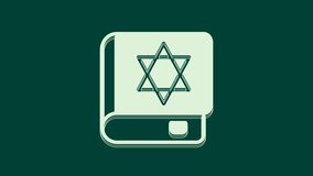 White Jewish torah book icon isolated on green background. On the cover of the Bible is the image of the Star of David. 4K Video motion graphic animation.