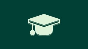 White Graduation cap icon isolated on green background. Graduation hat with tassel icon. 4K Video motion graphic animation.