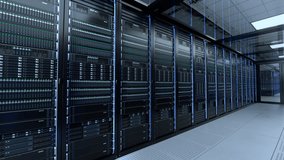 Inside Large Working Data Center. Advanced Cloud Computing Concept. Corridor with Server Racks with Blinking Lights. - Powered by Shutterstock - Get 15% off with code: PIKWIZARD15
