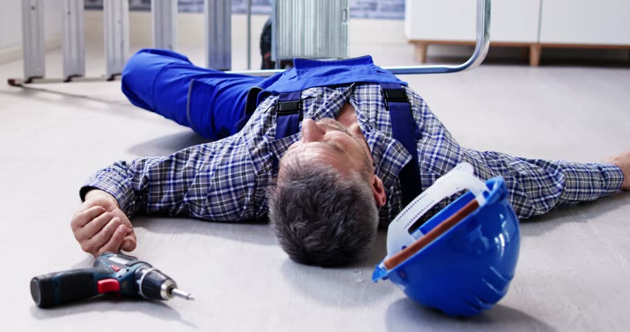 Unconscious Handyman Fallen From Ladder With Equipments Lying On Floor Royalty-Free Stock Footage #1101555391