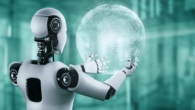 AI hominoid robot holding hologram screen shows concept of global communication network using artificial intelligence thinking by machine learning process. 3D rendering computer graphic. - Powered by Shutterstock - Get 15% off with code: PIKWIZARD15