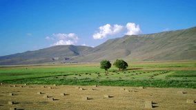 Drone video of Erzurum plain ,vast meadows, fields, mountains. for agriculture.Noise and Distortion