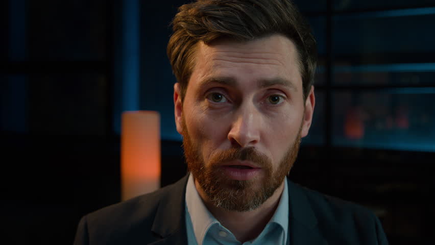 Caucasian middle-aged businessman head shot man talking webcam view distance call online evening conference chatting remote talk with client close-up business portrait of speaking employee in office | Shutterstock HD Video #1101595469