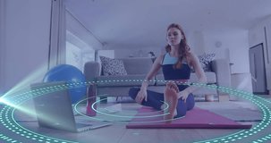 Animation of data processing over caucasian woman exercising, using laptop. Global online vlogging, fitness, digital interface and connections concept digitally generated video.