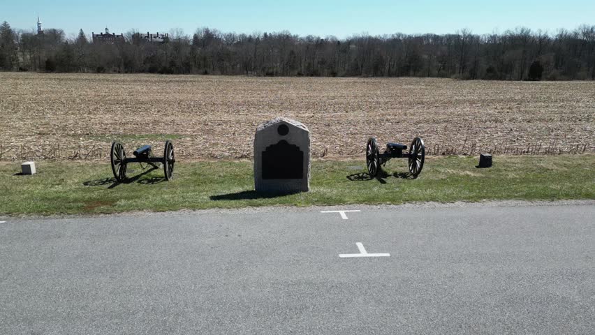 Civil war Memorial in Gettysburg, Pennsylvania. union army and confederate army monuments. History in pictures from the sky. 