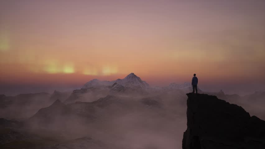 Adventure Man on top of Rocky Mountain Landscape. Nature Background. Cloudy Sky at Night with stars and northern lights. 3d Rendering. 3D Illustration
