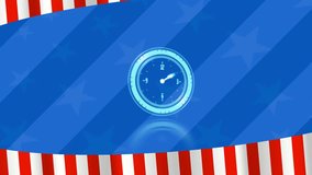 Animation of neon ticking clock over blue background with copy space against american flag design. American independence concept - Powered by Shutterstock - Get 15% off with code: PIKWIZARD15