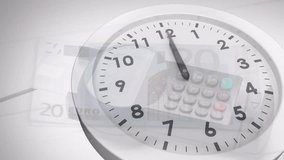Animation of clock over payment terminal and euro banknotes on white background. Global finances, time and digital interface concept digitally generated video. - Powered by Shutterstock - Get 15% off with code: PIKWIZARD15