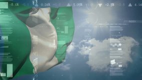 Animation of data processing and flag of nigeria over clouds and sun. Global business, patriotism and digital interface concept digitally generated video. - Powered by Shutterstock - Get 15% off with code: PIKWIZARD15
