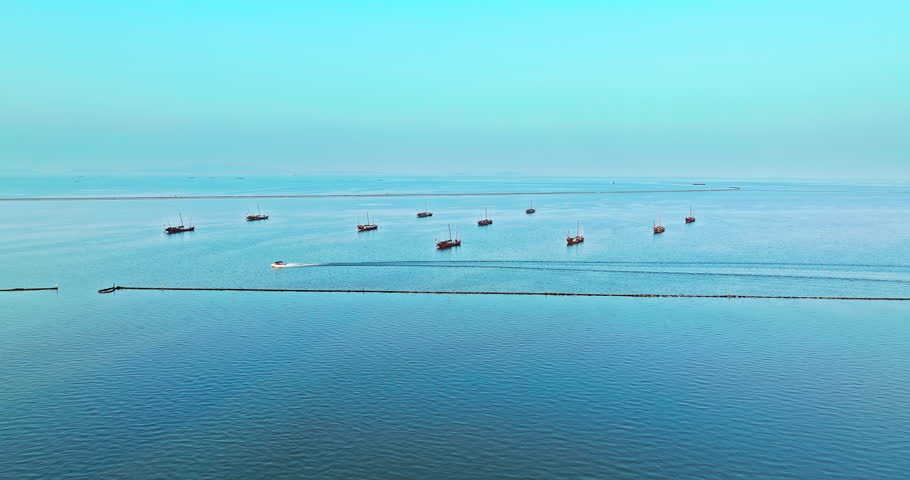 Beautiful lake and boat natural landscape in Taihu Lake, Suzhou, China.
