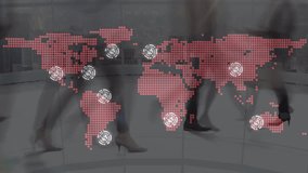 Animation of world map and icons over business people walking. Global business and digital interface concept digitally generated video.
