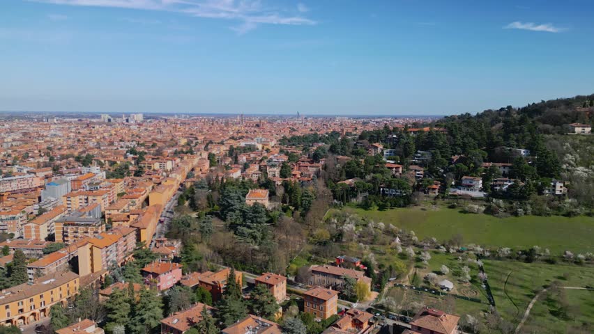 Aerial shot of city Bologna. Panorama of the city Bologna in Italy from hills.