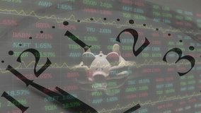 Animation of stock market and clock over caucasian businessman with piggy bank. Global business and digital interface concept digitally generated video.
