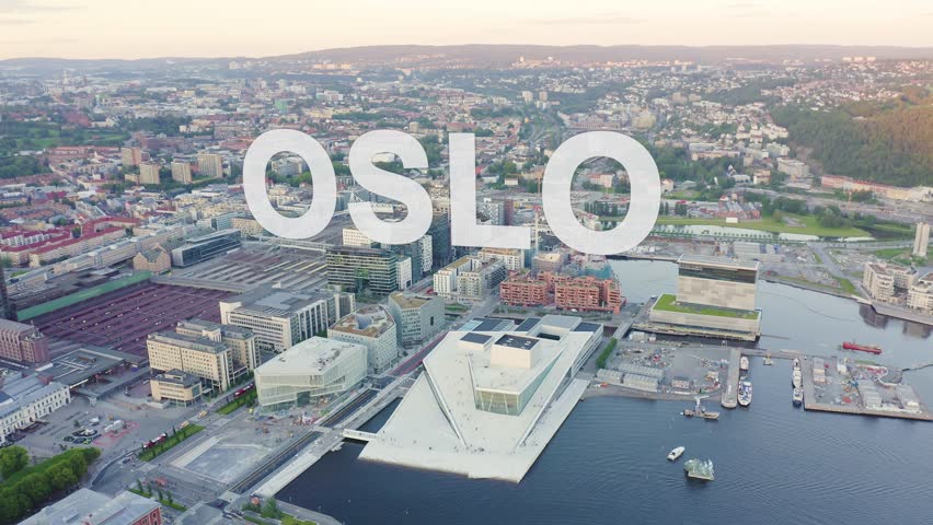 Inscription on video. Oslo, Norway. View overlooking the town. Sunset. Aerial view. Glitch effect text, Aerial View, Point of interest | Shutterstock HD Video #1101609765