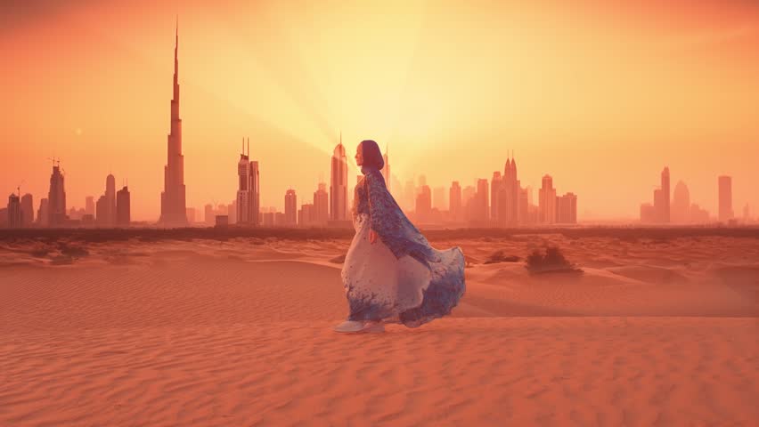 woman dressed in traditional Arab clothing standing in the midst of a vast desert landscape. In the background, the stunning skyline of Dubai is silhouetted Royalty-Free Stock Footage #1101610175
