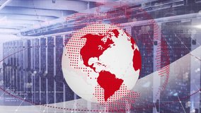 Animation of computer language, lines and dots around rotating globe over server room in background. Digital composite, multiple exposure, globalization, coding, technology and network server concept. - Powered by Shutterstock - Get 15% off with code: PIKWIZARD15