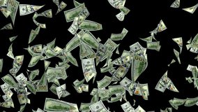 Money rain. One hundred USD paper money banknotes falling down. Money dollars bills in cash. USD currency of United States of America. Finance and business. Animation. Alpha channel. 3D render - Powered by Shutterstock - Get 15% off with code: PIKWIZARD15