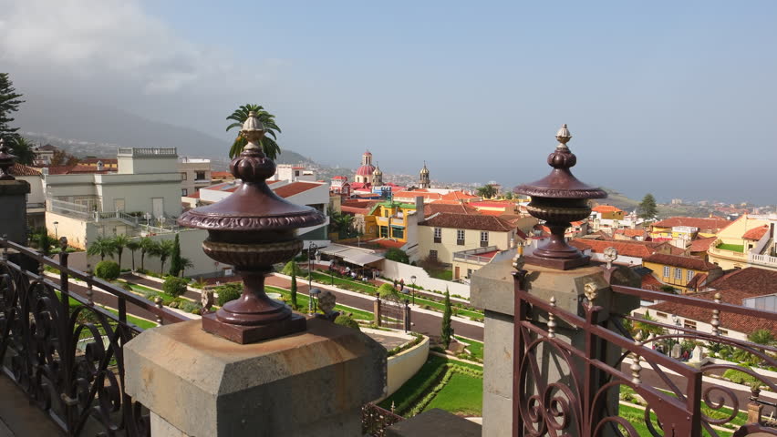 Jardines del Marquesado de la Quinta Roja garden in La Orotava town, Tenerife, Canary islands, Spain. Slow steadicam revealing footage. Tropical botanical gardens in La Orotava town on Tenerife island