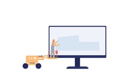 Animated aerial lift and computer. Website reconstruction. Building layout. 2D cartoon flat icon 4K video footage on white with alpha channel transparency. Concept animation for web design