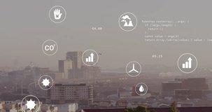 Animation of eco icons and data processing over cityscape. Global business, finance, computing, data processing and connections concept digitally generated video.